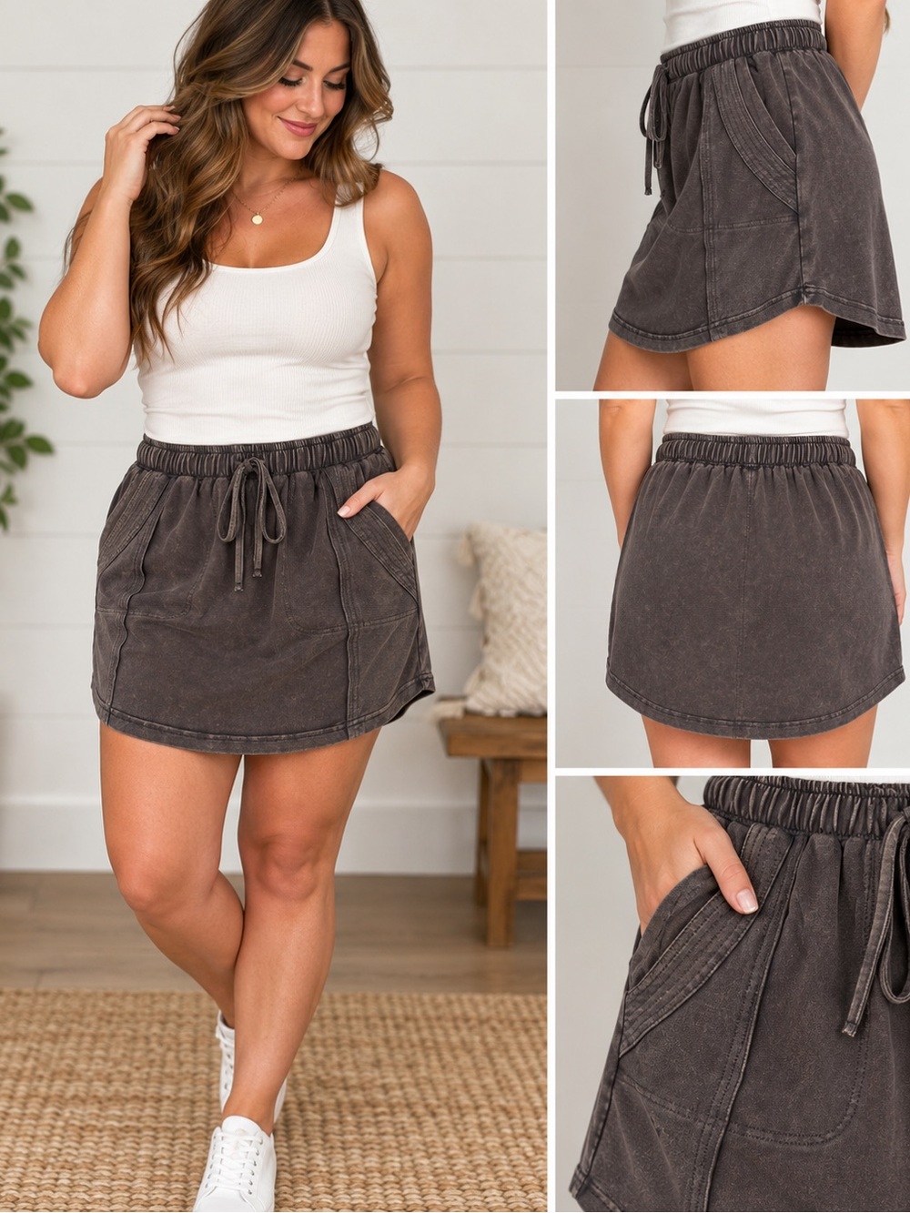 Umgee USA Washed Knit Mini Skirt Small Brown Drawstring Patch Pocket Boho